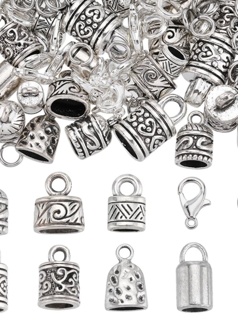 SUNNYCLUE 1 Box 230Pcs Cord End Caps Tibetan Antique Silver Leather Kumihimo Bra